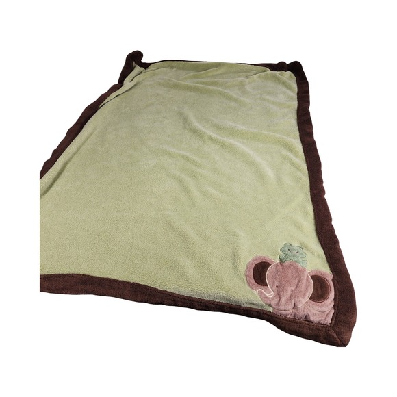 Sage Green Plush Baby Blanket Elephant Frog Applique Brown Border 27x34 Soft - Picture 6 of 9